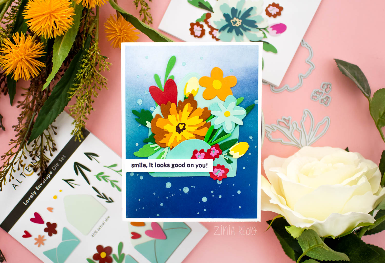 Zinia Redo - Altenew Mighty Kind Release - Mighty Alphabet, Lovely Envelope, Painted Blooms, Calming Reflection Die Sets