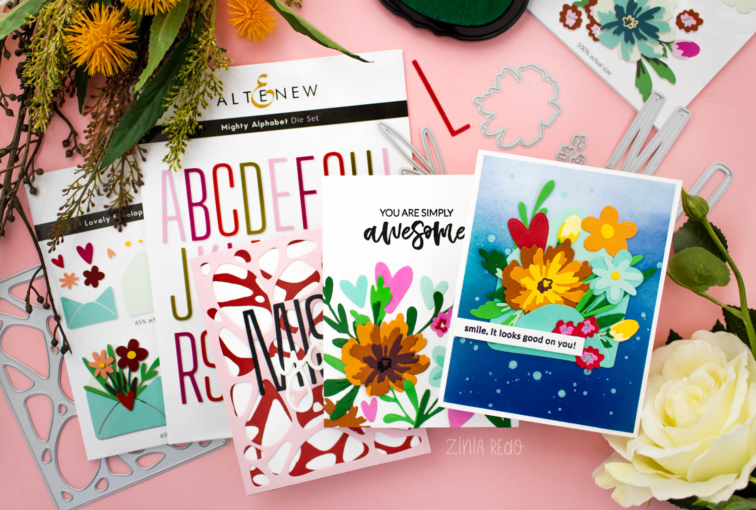 Zinia Redo - Altenew Mighty Kind Release - Mighty Alphabet, Lovely Envelope, Painted Blooms, Calming Reflection Die Sets 