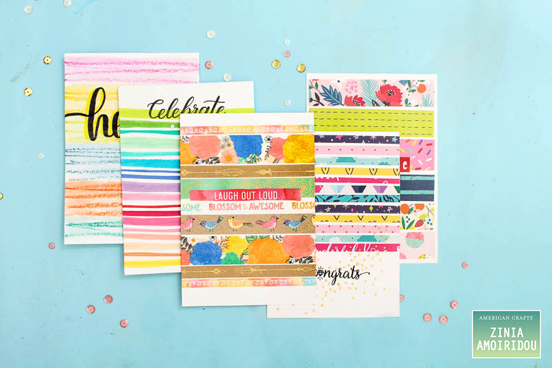 Six ideas and techniques to create striped card backgrounds with your favorite American Crafts supplies. @ziniaredo @americancrafts #abstractinspiration @abstractinspiration #americancrafts #ziniaredo #cards #cardmaking #stripes