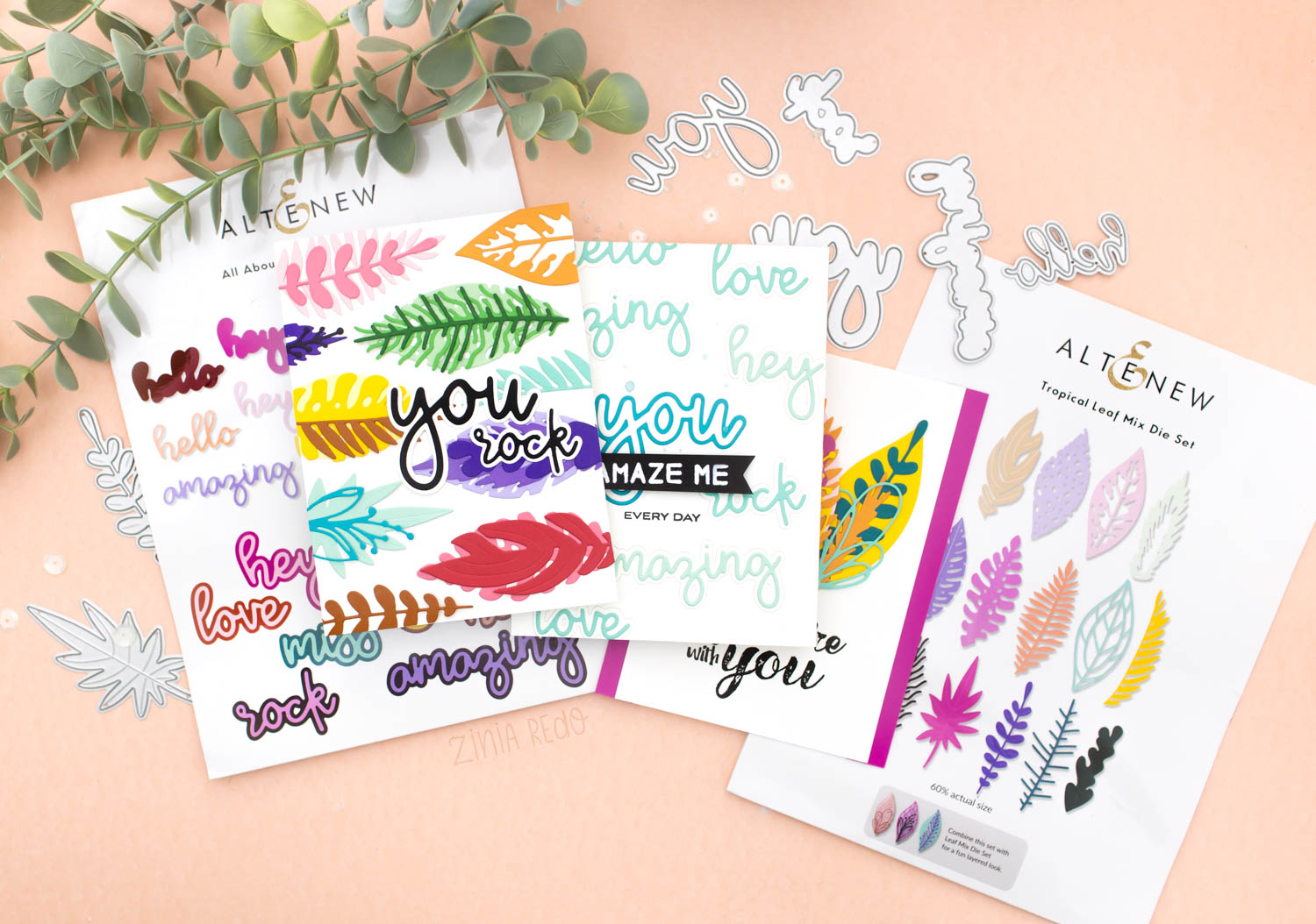 Zinia Redo Designs Altenew Summer Adventure Release - Tropical Leaf Mix & All About You Word Die Set