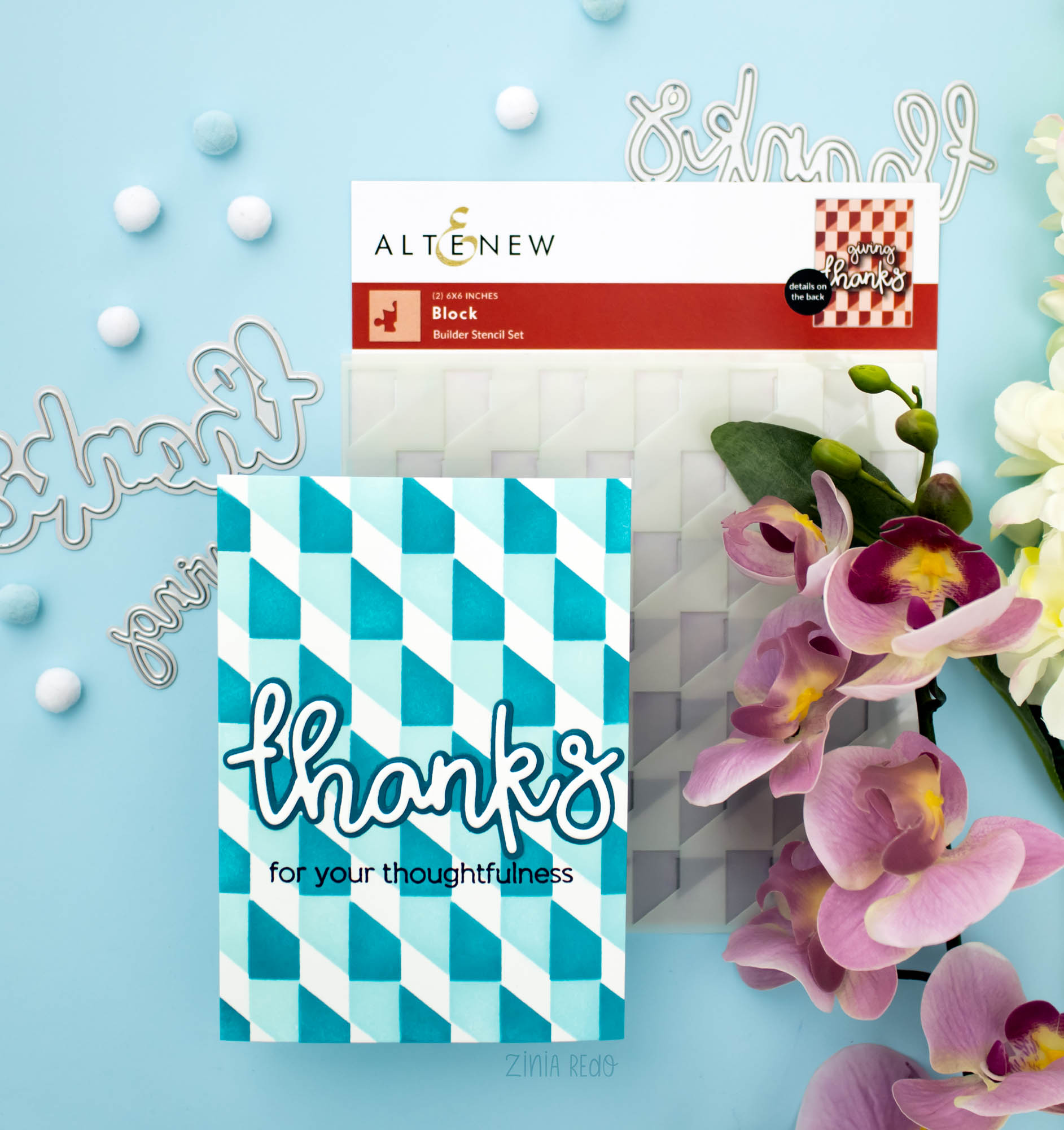 Zinia Redo Altenew Handmade Cards with Block Builder Stencil, All About You Word Die Set