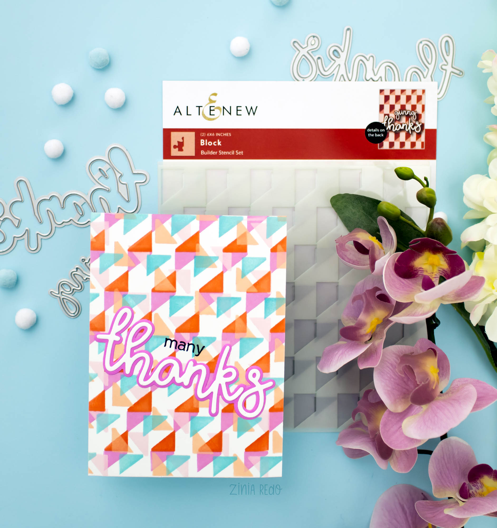 Zinia Redo Altenew Handmade Cards with Block Builder Stencil, All About You Word Die Set